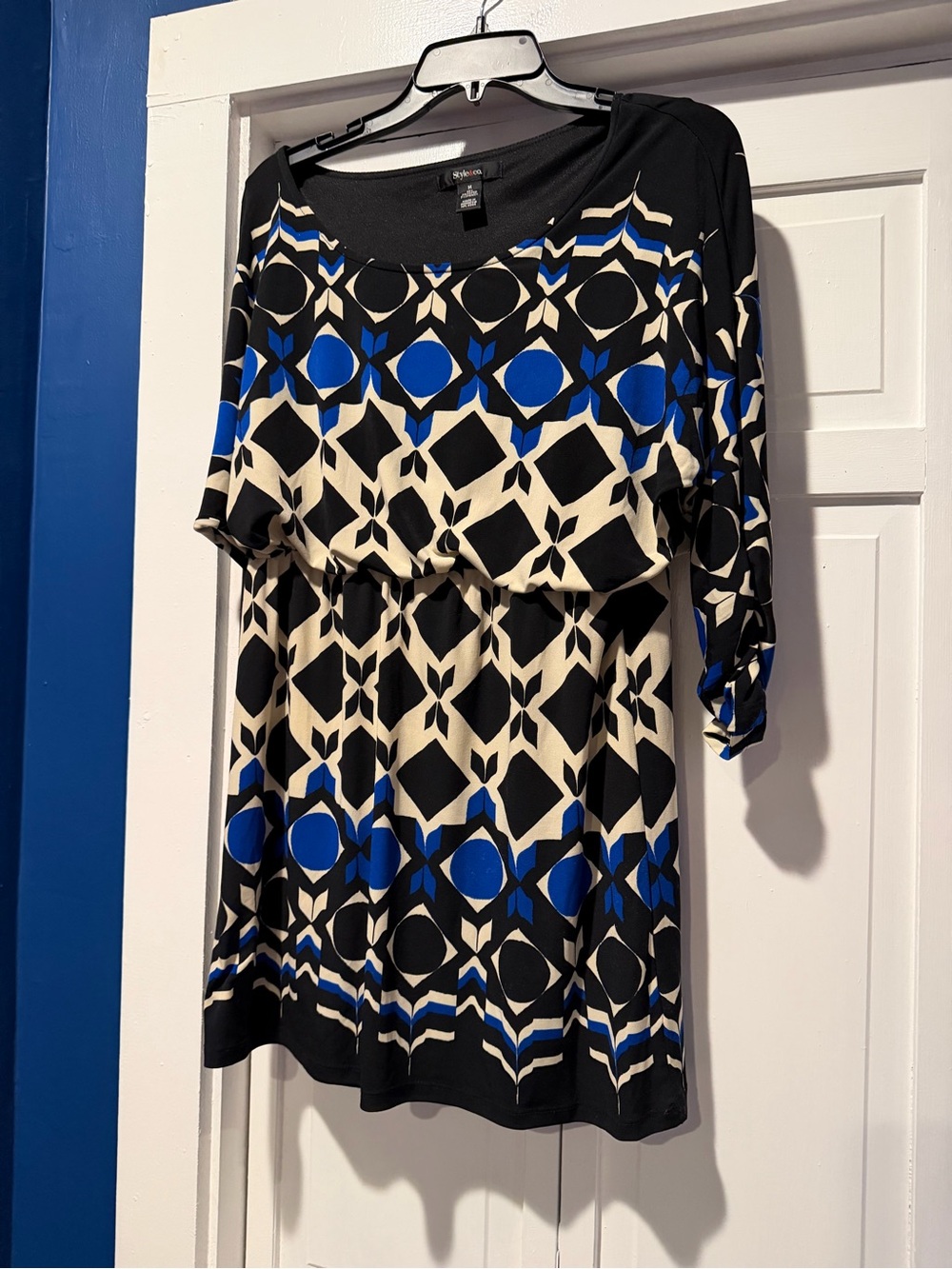 Style & Co. Black White and Blue Geometric Dress